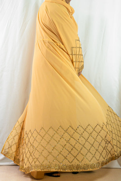 Stunning Dark Beige Abaya with Gold Rhinestone Details-almanaar Islamic Store