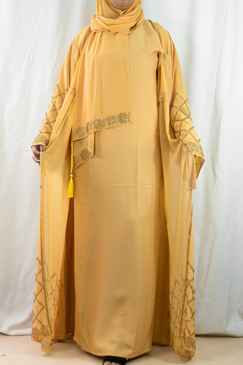 Stunning Dark Beige Abaya with Gold Rhinestone Details-almanaar Islamic Store