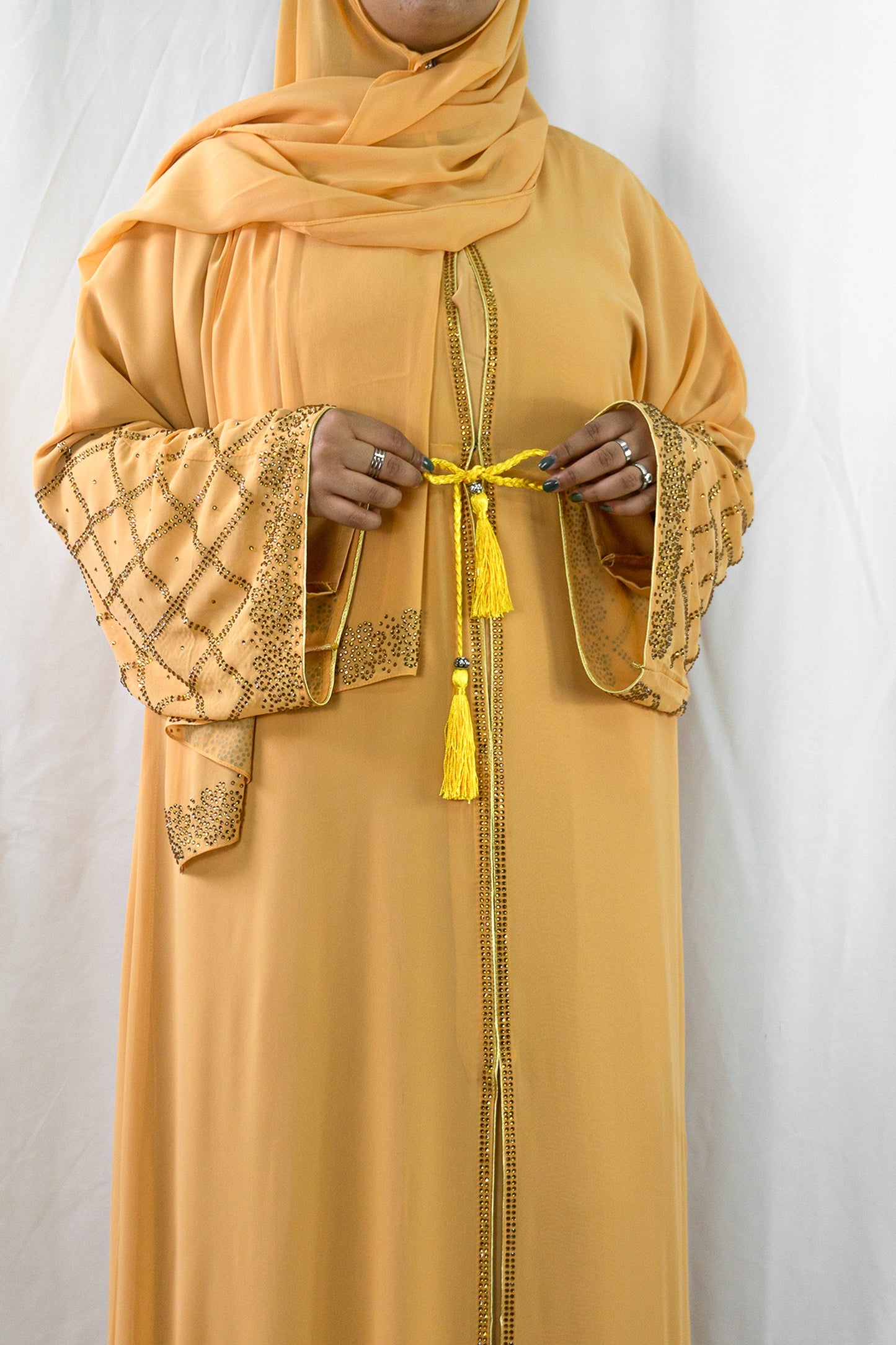 Stunning Dark Beige Abaya with Gold Rhinestone Details-almanaar Islamic Store