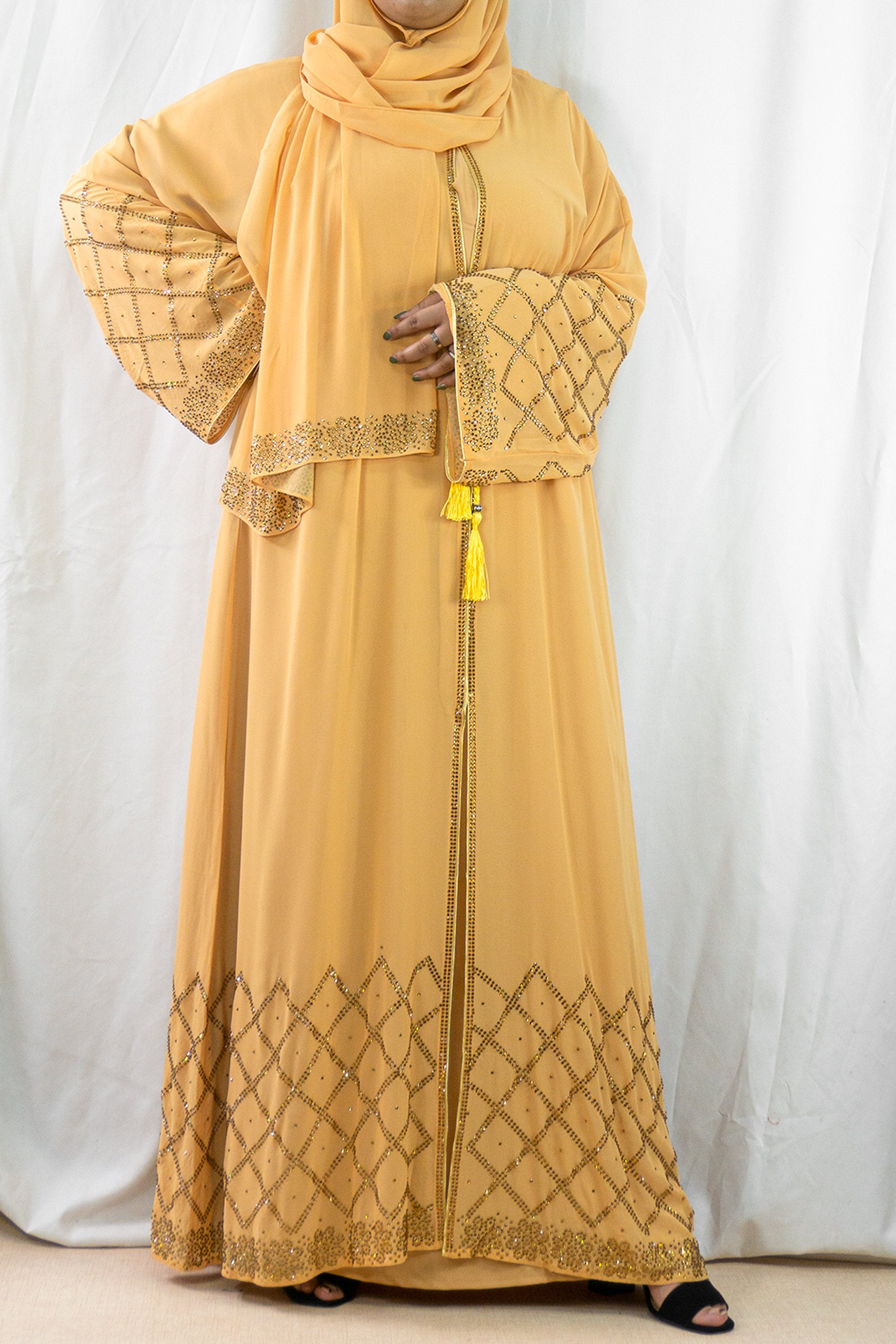 Stunning Dark Beige Abaya with Gold Rhinestone Details-almanaar Islamic Store