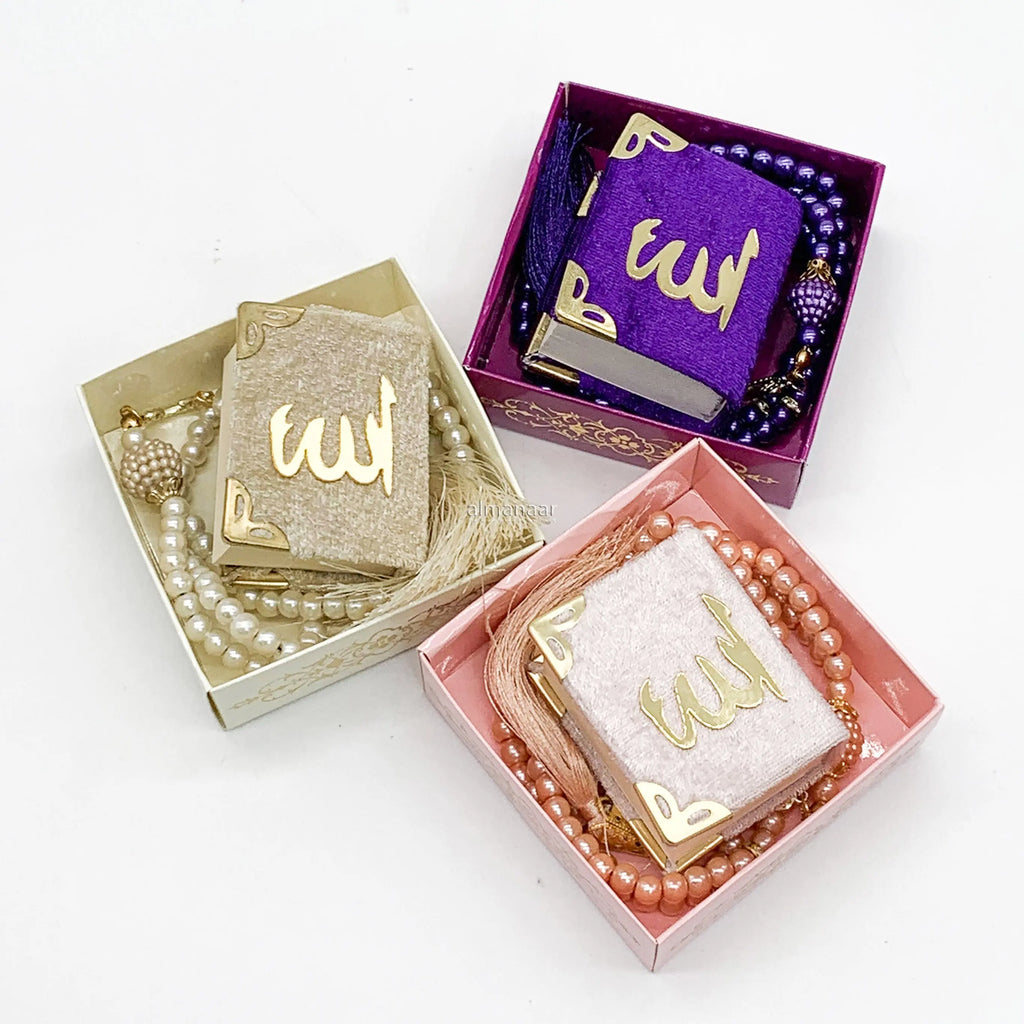 Velvet Mini Quran & Pearl Tasbeeh Gift Set Box-almanaar Islamic Store