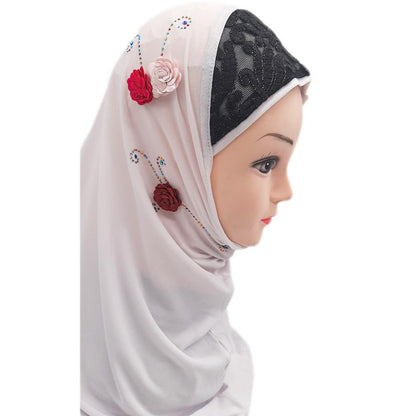 White Fancy Three Flowers Design Pull on Hijab-almanaar Islamic Store