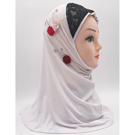 White Fancy Three Flowers Design Pull on Hijab-almanaar Islamic Store