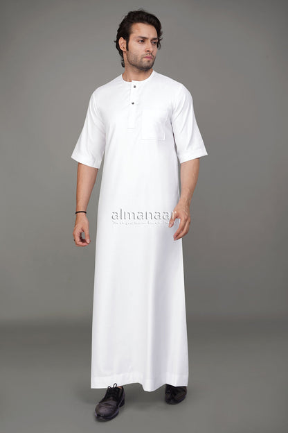 White Short Sleeve Thobe With Buttons-almanaar Islamic Store