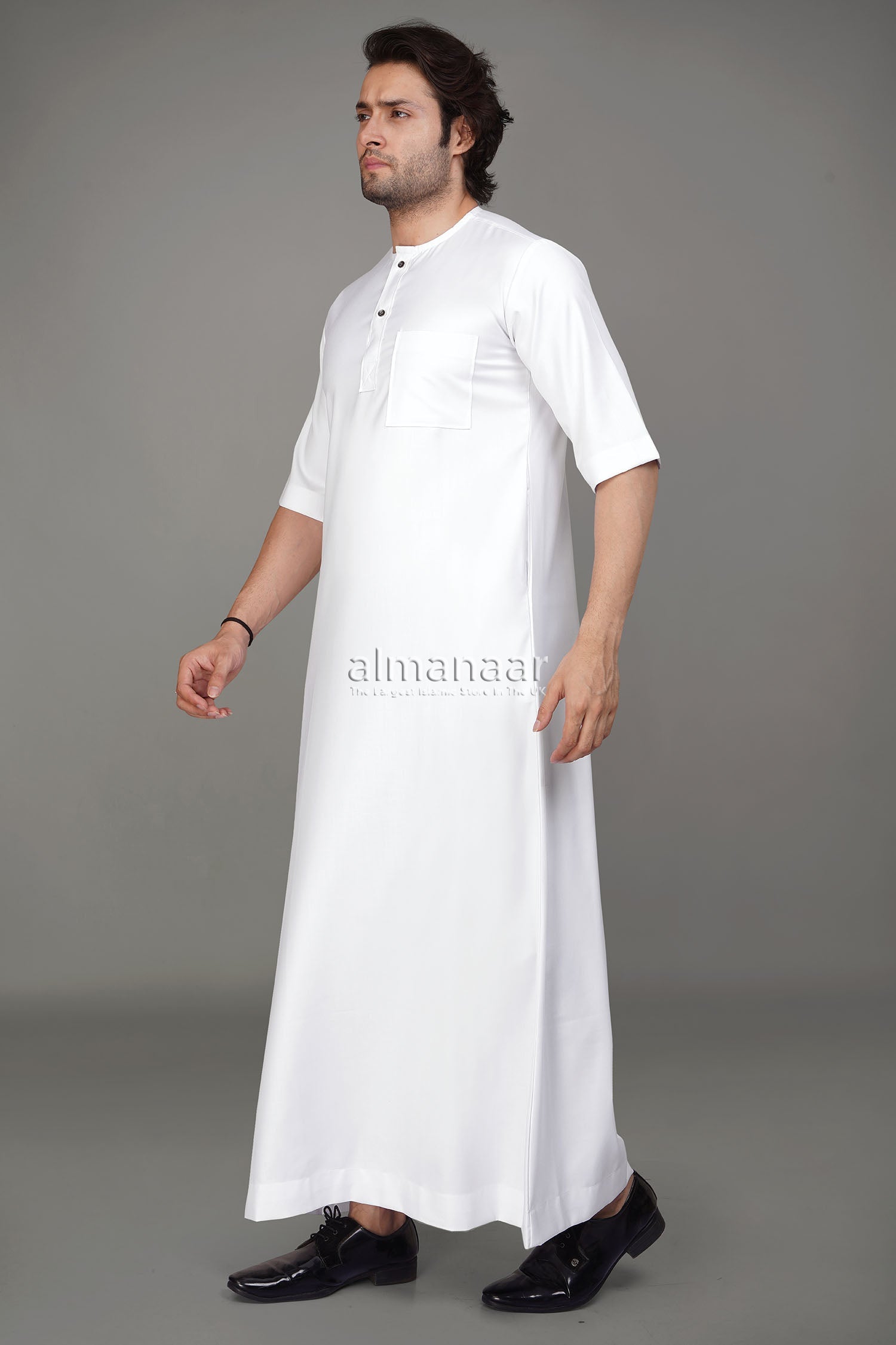 White Short Sleeve Thobe With Buttons-almanaar Islamic Store