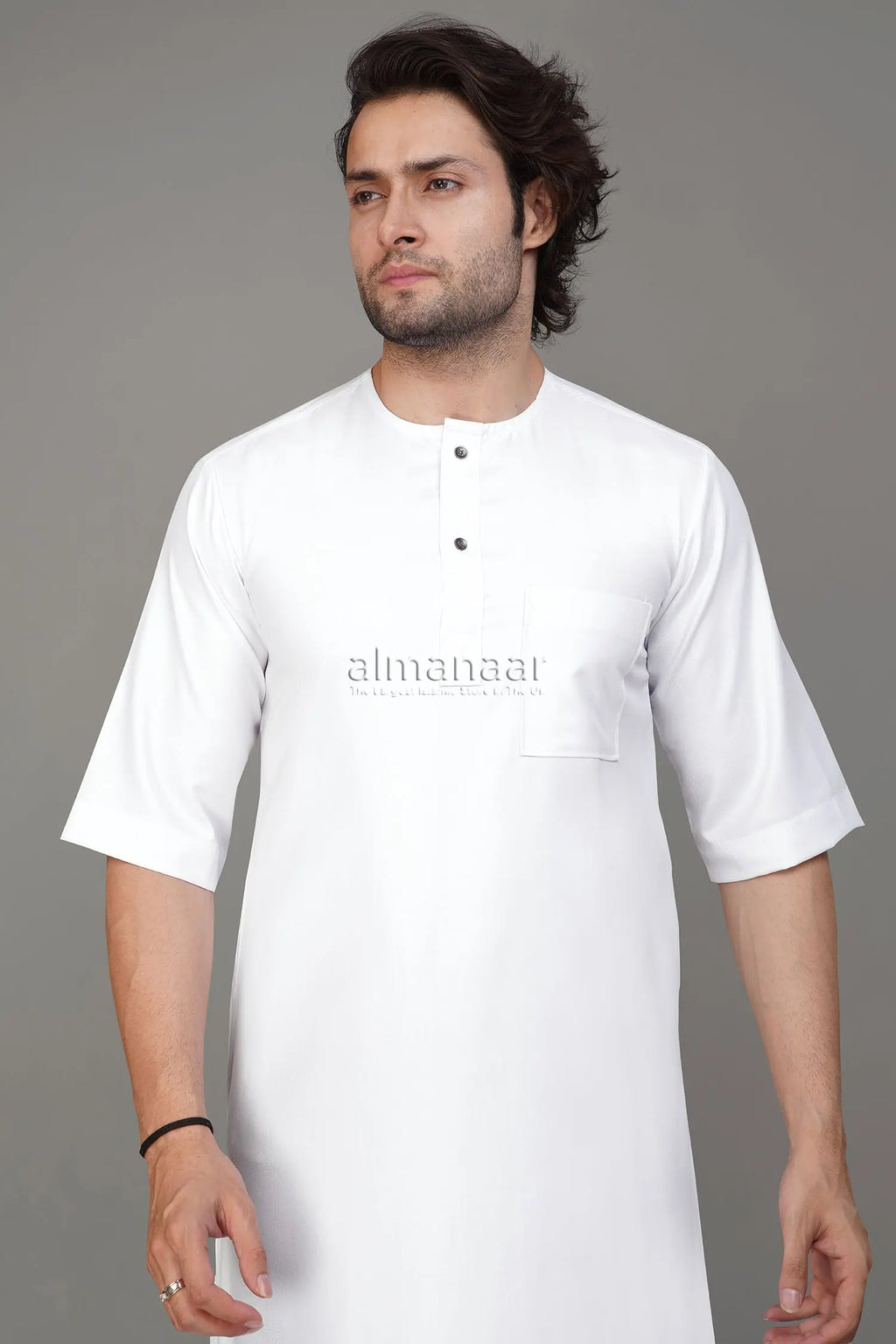 White Short Sleeve Thobe With Buttons-almanaar Islamic Store