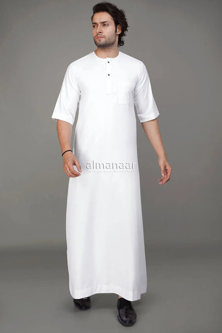 White Short Sleeve Thobe With Buttons-almanaar Islamic Store